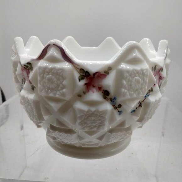 Westmoreland Milk Glass Bowl With Hand-Painted Floral Design & Sawtooth Edge - Picture 2 of 7